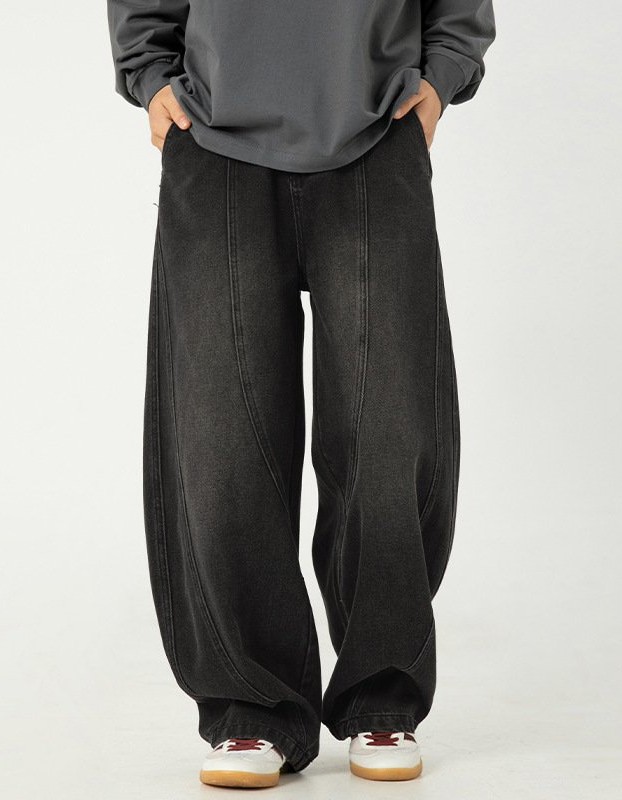 Wide-leg Washed Denim Jeans Mens Loose Casual Pants