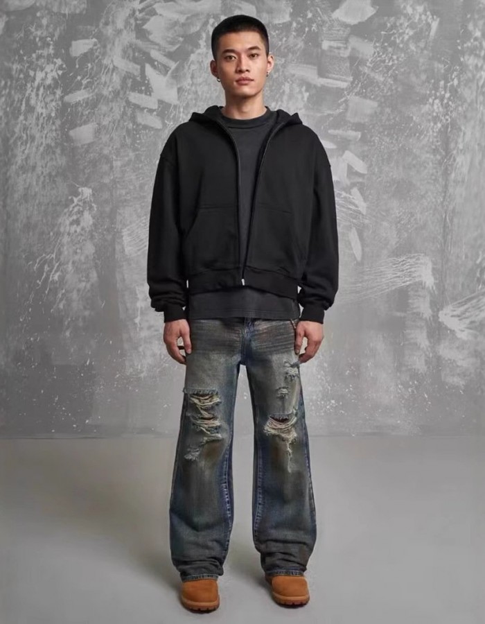 Loose Straight Slim-fit Waste Soil Blue With Holes Jeans