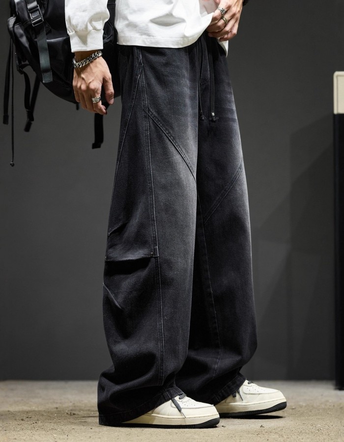 Washed Casual High-Street Loose Wide-Leg Cargo Pants