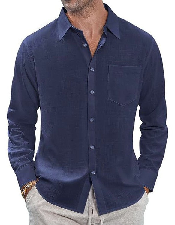 Thin Lapel-collar Linen Long-sleeve Shirt With Pockets
