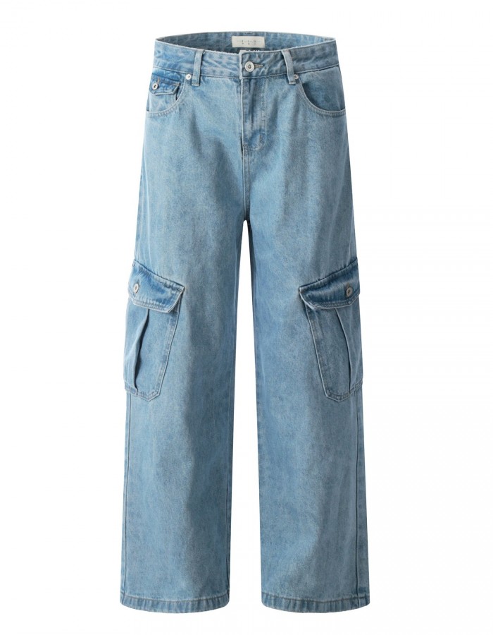 Ocean Blue Workwear Denim Jeans With Multiple Pockets Retro Style