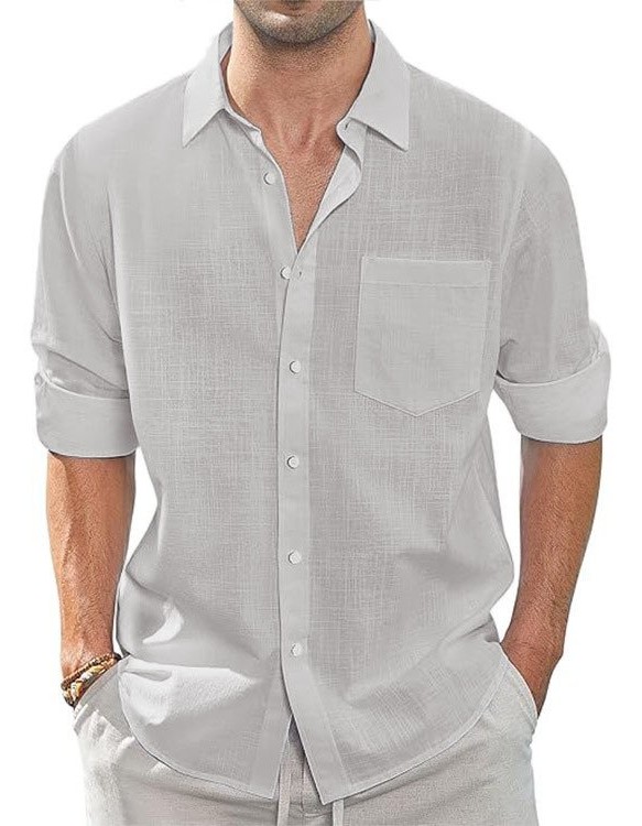 Thin Lapel-collar Linen Long-sleeve Shirt With Pockets