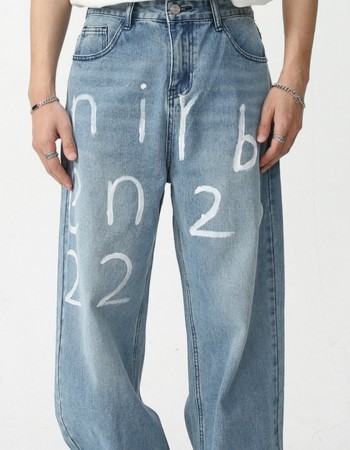 New Loose Wide-leg Mopping Jeans Personalized Digital Printing