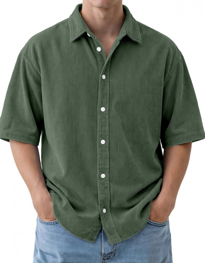 Mens Loose-Fit Solid-Color Corduroy Short-Sleeve Shirt