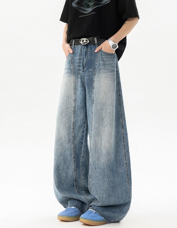 Retro Blue Denim Mens Loose Wide-leg Pants