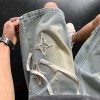 Men's Light-Colored Star-Print Raw-Hem Drawstring Cropped Denim Shorts