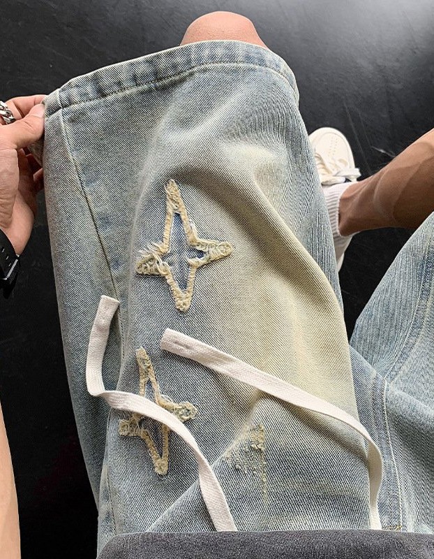 Men's Light-Colored Star-Print Raw-Hem Drawstring Cropped Denim Shorts