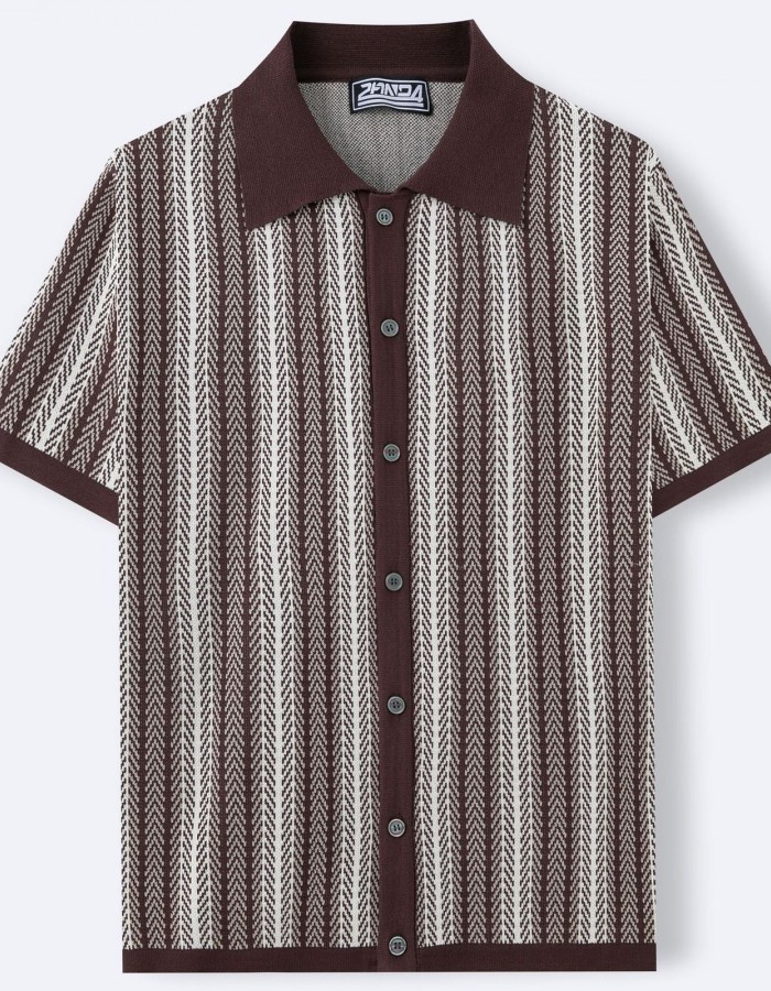 Men's Short-Sleeve Striped Knitted Cardigan Jacquard Polo Shirt