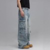 Washed Multi-Pocket Workwear Denim Jeans Mens Casual Wide-Leg Pants