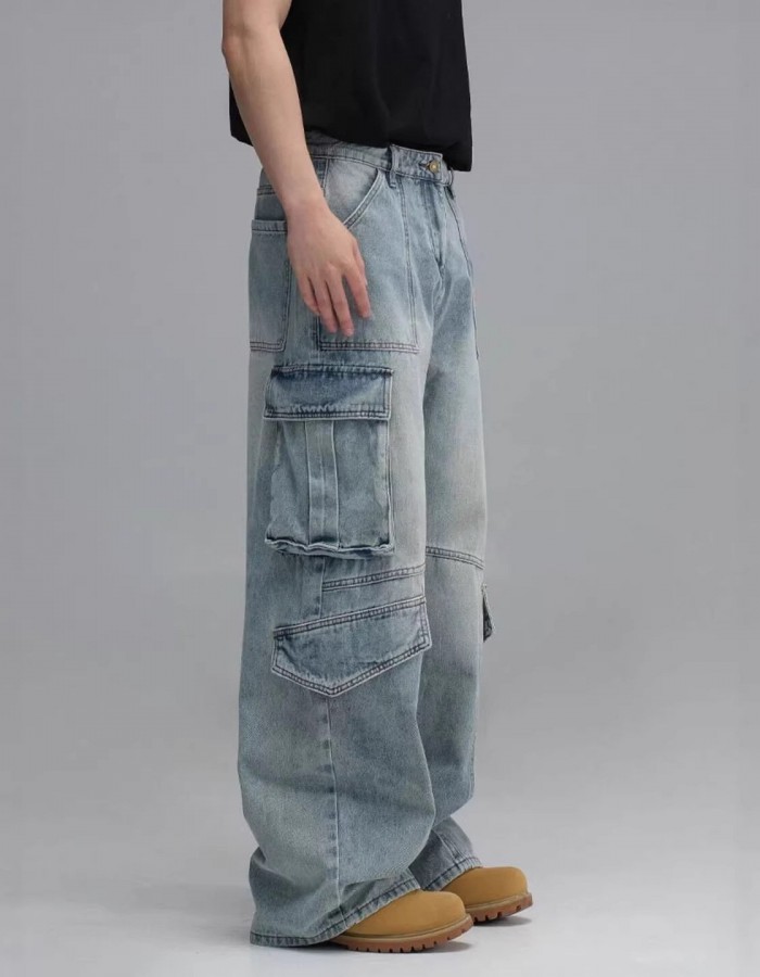 Washed Multi-Pocket Workwear Denim Jeans Mens Casual Wide-Leg Pants