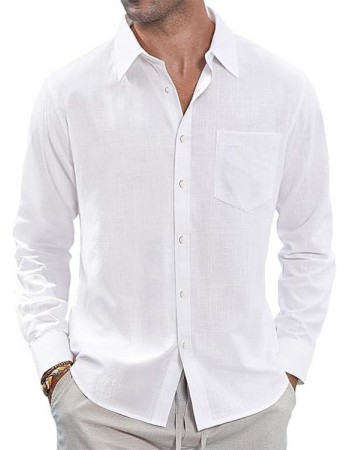 Thin Lapel-collar Linen Long-sleeve Shirt With Pockets