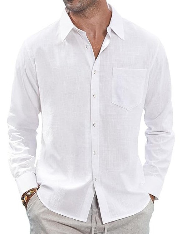 Thin Lapel-collar Linen Long-sleeve Shirt With Pockets