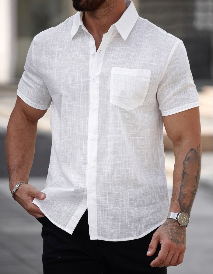 Mens Short-sleeve Cotton Shirt With A Pocket