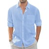 Thin Lapel-collar Linen Long-sleeve Shirt With Pockets