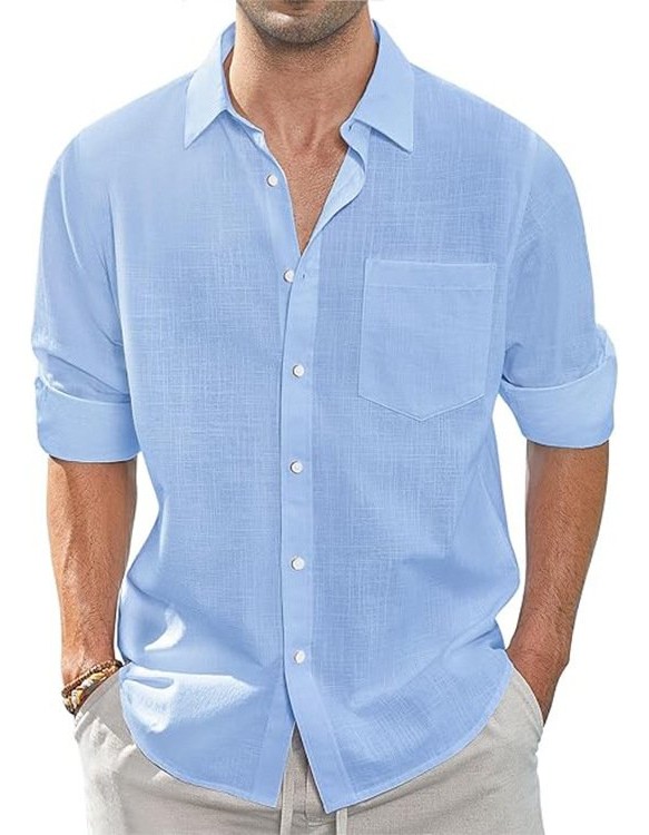 Thin Lapel-collar Linen Long-sleeve Shirt With Pockets