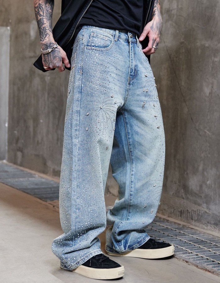 Men's High Street Washed Straight Full Diamond Design Jeans