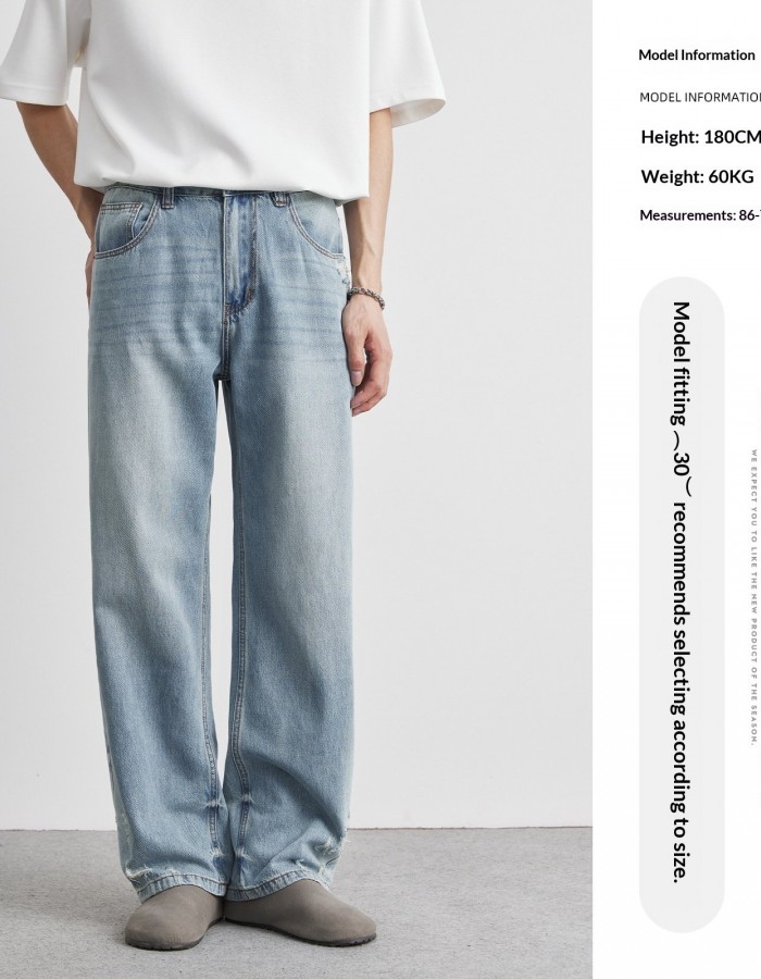 Light-wash Mens Ripped Straight-leg Jeans