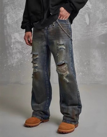 Loose Straight Slim-fit Waste Soil Blue With Holes Jeans