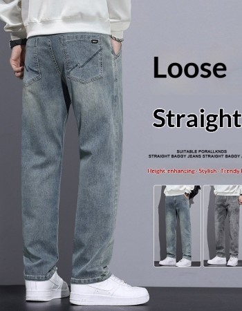 Mens Straight-Leg Loose-Fit Street-Style Wide-Leg Denim Jeans