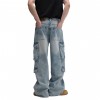 Washed Multi-Pocket Workwear Denim Jeans Mens Casual Wide-Leg Pants