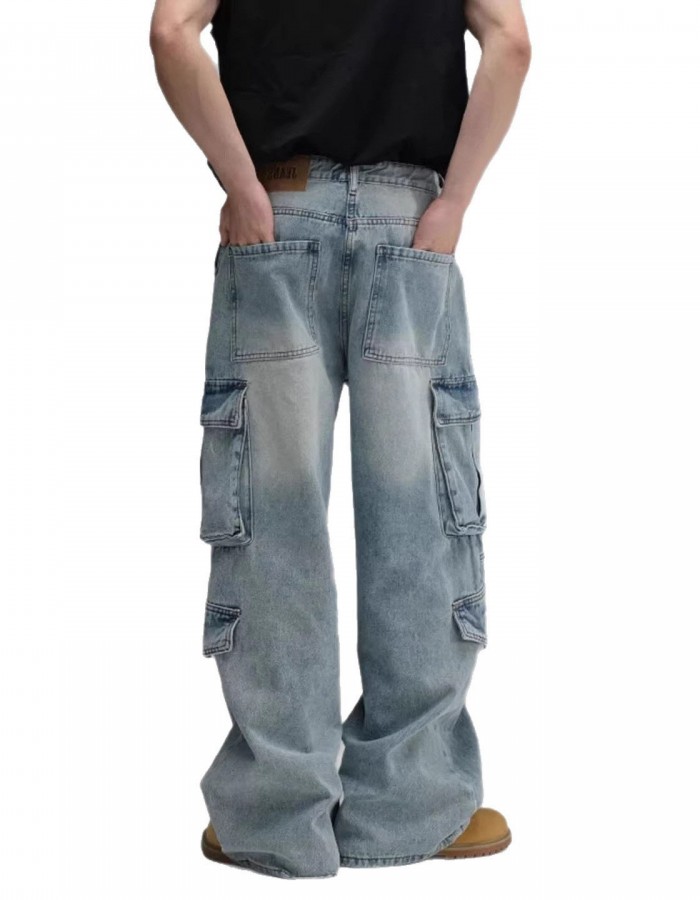 Washed Multi-Pocket Workwear Denim Jeans Mens Casual Wide-Leg Pants