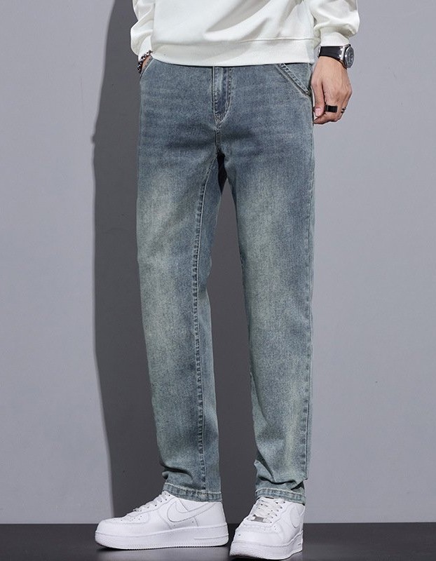 Mens Straight-Leg Loose-Fit Street-Style Wide-Leg Denim Jeans