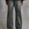 Loose Straight Slim-fit Waste Soil Blue With Holes Jeans