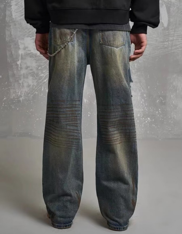 Loose Straight Slim-fit Waste Soil Blue With Holes Jeans