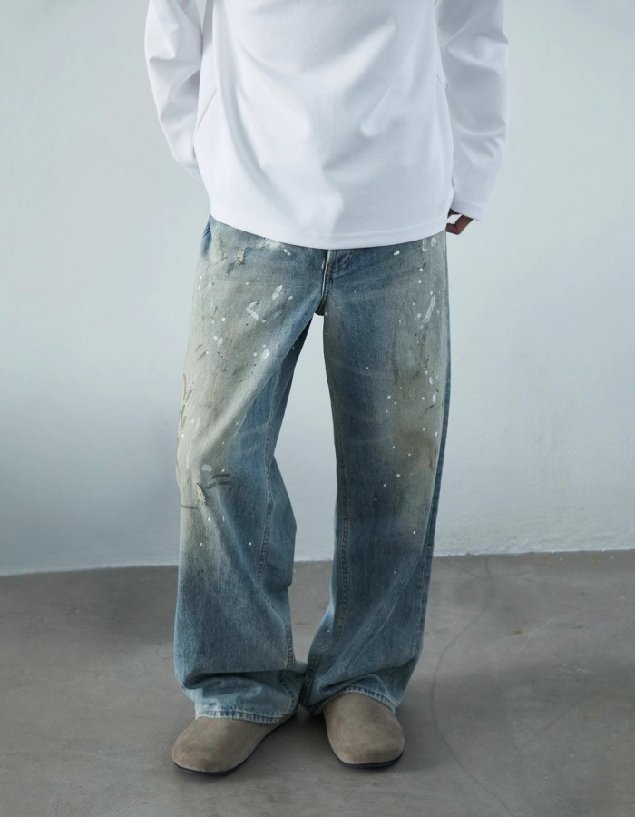 Neutral Wide Leg Mopping Dirty Splash-ink Distressed Design Jeans