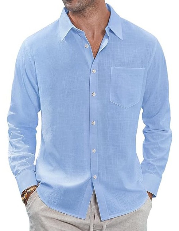 Thin Lapel-collar Linen Long-sleeve Shirt With Pockets
