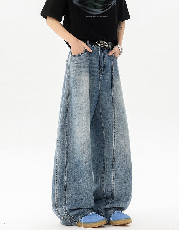Retro Blue Denim Mens Loose Wide-leg Pants