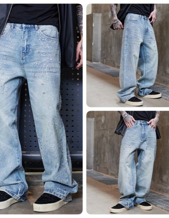 Men's High Street Washed Straight Full Diamond Design Jeans