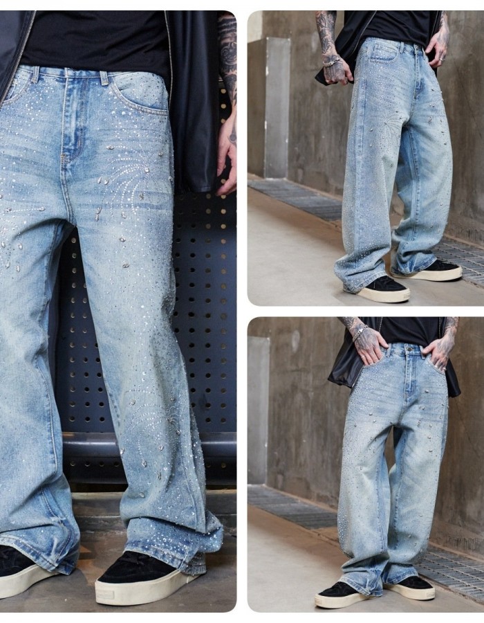 Men's High Street Washed Straight Full Diamond Design Jeans