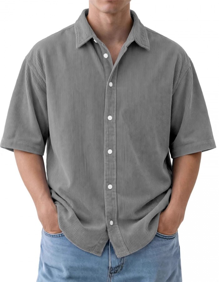 Mens Loose-Fit Solid-Color Corduroy Short-Sleeve Shirt
