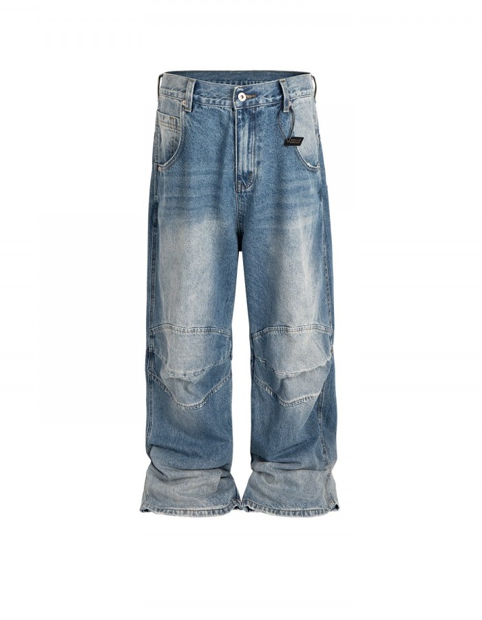 Profile Pleated BAGGY Washed White Blue Jeans