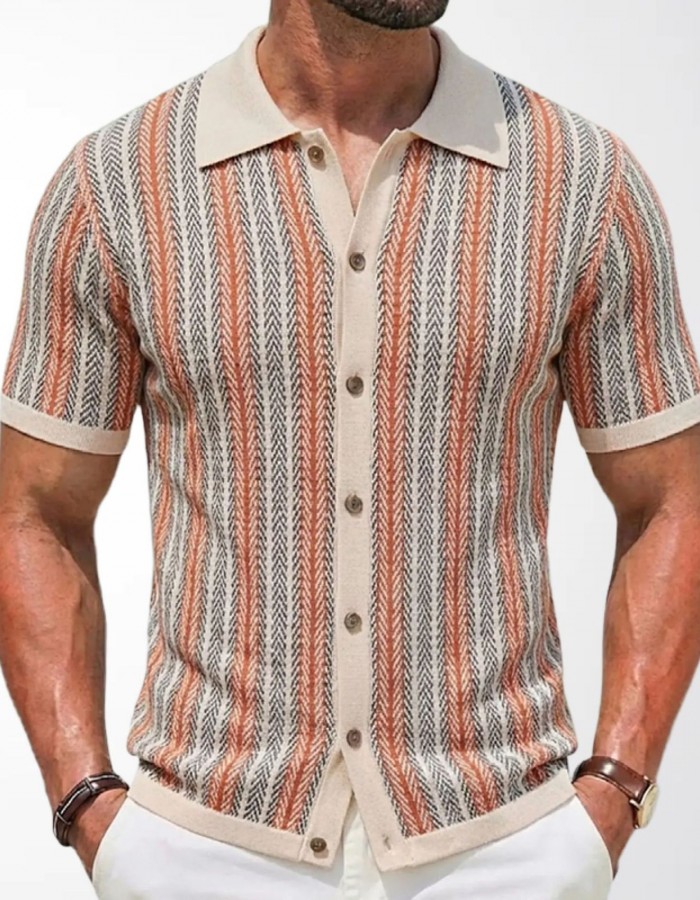 Men's Short-Sleeve Striped Knitted Cardigan Jacquard Polo Shirt
