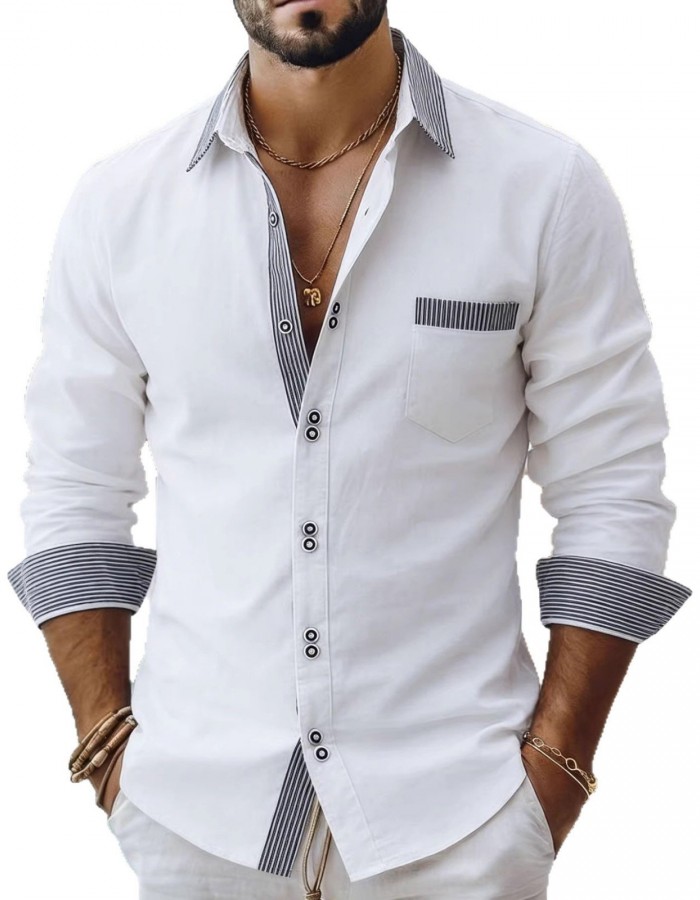 Men's Striped Double-Buckle Business Slim-Fit Casual Long-Sleeve