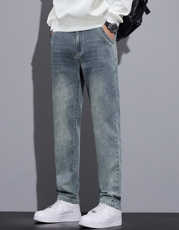 Mens Straight-Leg Loose-Fit Street-Style Wide-Leg Denim Jeans