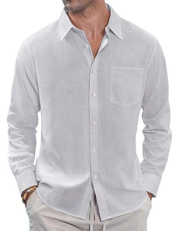 Thin Lapel-collar Linen Long-sleeve Shirt With Pockets