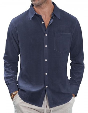 Thin Lapel-collar Linen Long-sleeve Shirt With Pockets