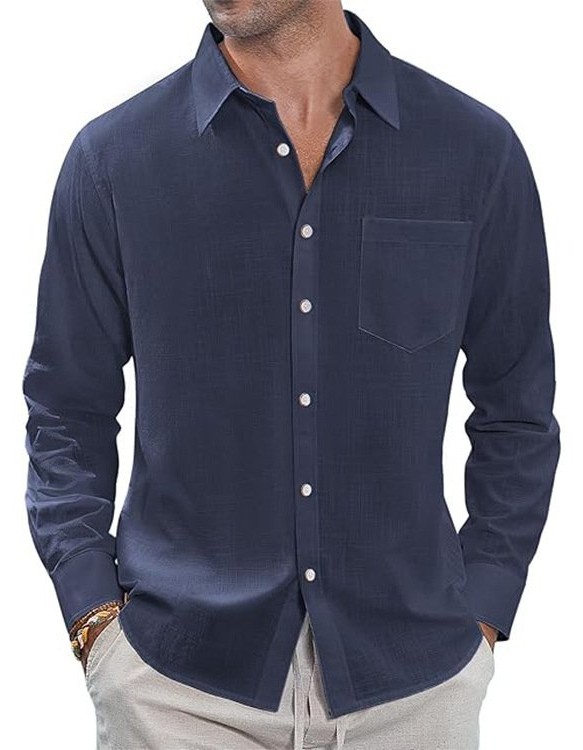 Thin Lapel-collar Linen Long-sleeve Shirt With Pockets