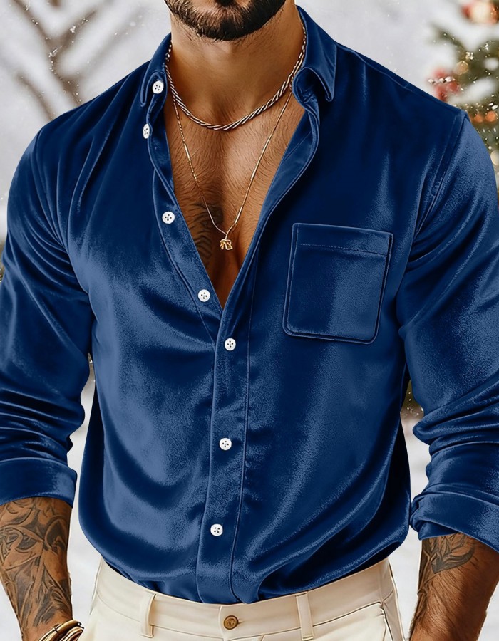 Mens Gold Velvet Button-Up Shirt