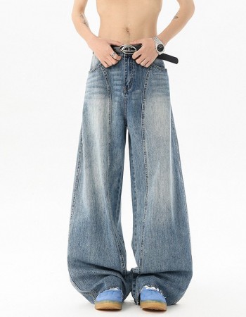 Retro Blue Denim Mens Loose Wide-leg Pants