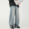 Wide-leg Washed Denim Jeans Mens Loose Casual Pants