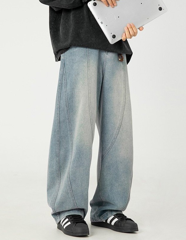 Wide-leg Washed Denim Jeans Mens Loose Casual Pants
