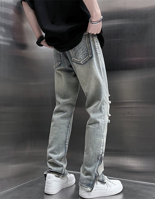 Mens SpringSummer Loose-Fit Denim Jeans With A Side Zipper