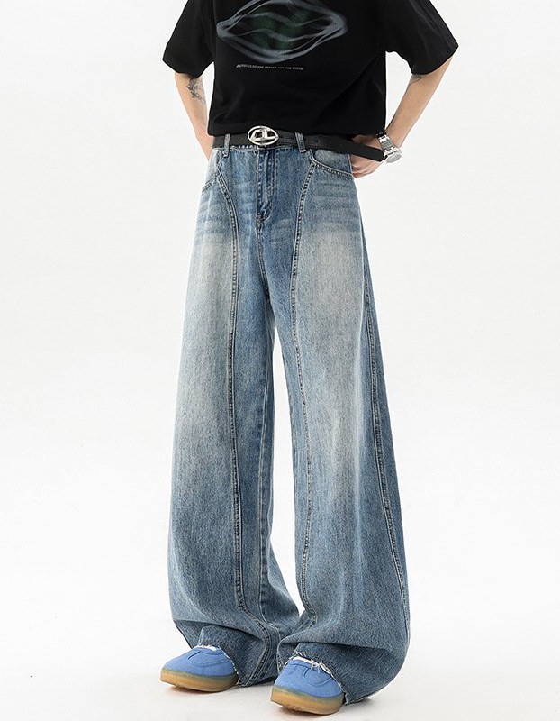 Retro Blue Denim Mens Loose Wide-leg Pants