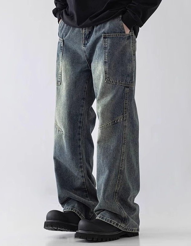 Mens Straight Leg Loose Fit Wide Leg Jeans