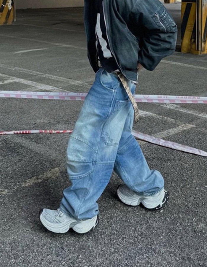 Profile Pleated BAGGY Washed White Blue Jeans