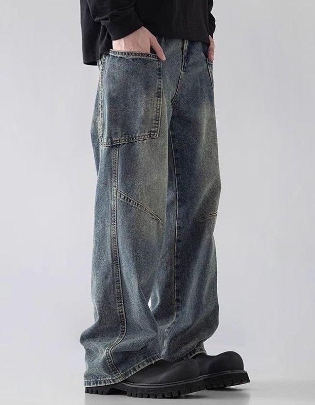 Mens Straight Leg Loose Fit Wide Leg Jeans